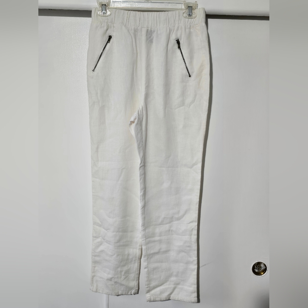 Women's White Linen-Blend Pants with Zip Pockets